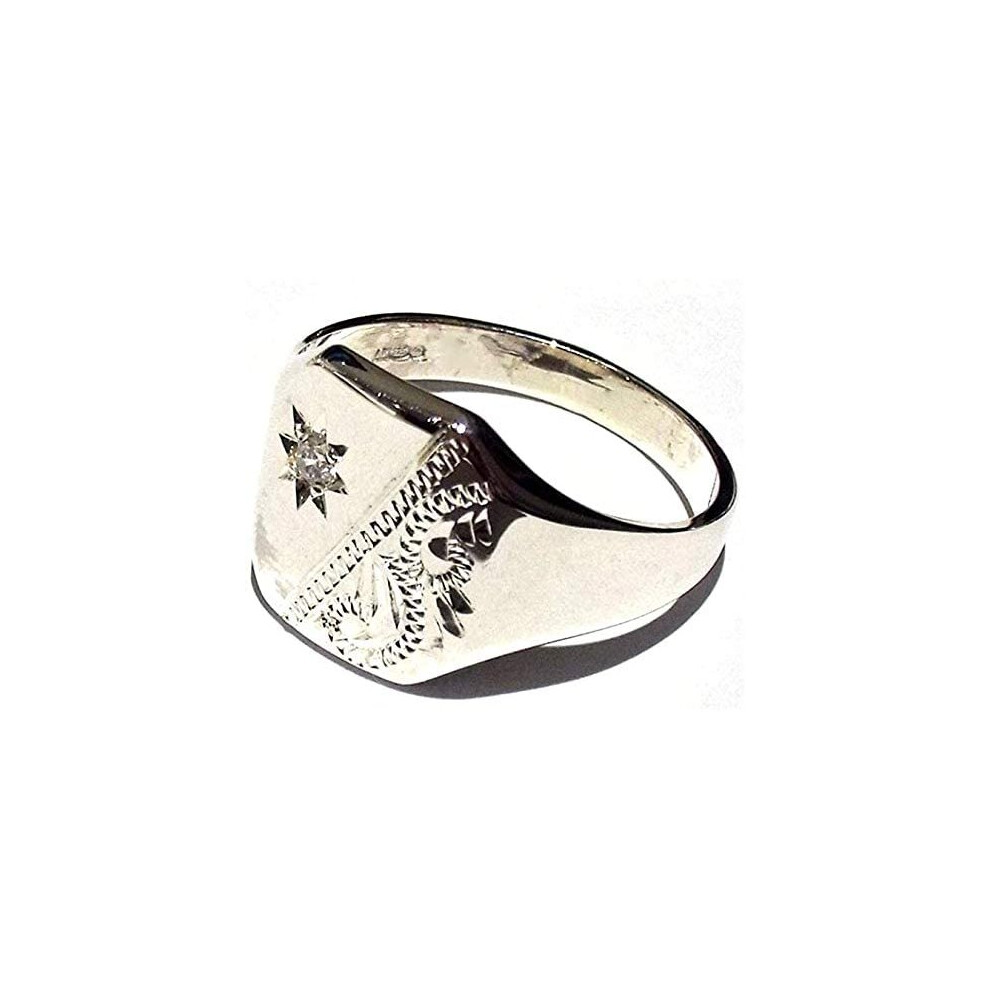 (S, Silver) Signet Ring Diamond Men's Solid Silver Gent's UK Hand Made Hallmarked Rectangle