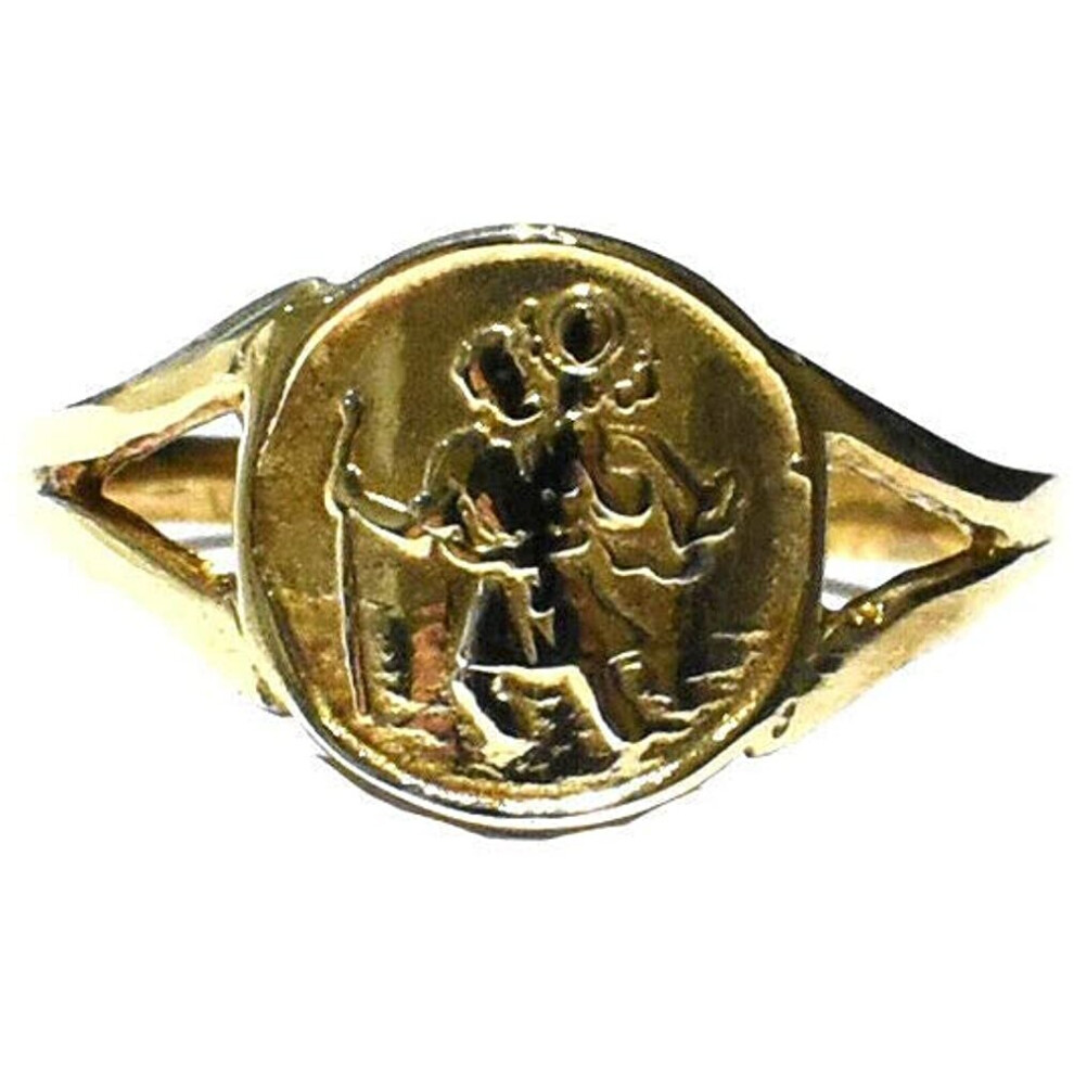 (P, Yellow Gold) St. Christopher Ring Yellow Gold Solid Hallmarked Ladies Dress Ring Size F - V