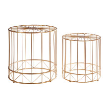 Geometric Design Set Of 2 Round Side Tables, Sleek Bed Side Table For Bedroom, Gold Finish Lounge Table