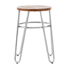 Chrome Metal and Elm Wood Round Stool, Small Hairpin Stool, Sturdy Stool for Lounge, Bedroom, Bar Stool