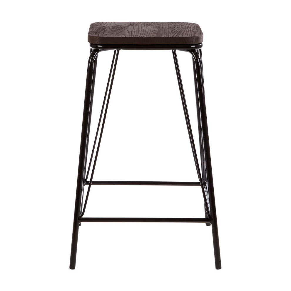 Premier Housewares Sleek Black Metal And Elm Wood Stool, Sturdy And Reliable Large Square Stool, Wooden Bar Stool For Home Bar