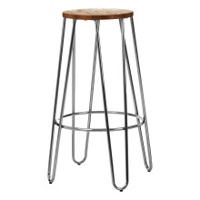 Versatile Chrome Metal and Elm Wood Round Bar Stool, Hairpin Stool, Sturdy Stool for Bar, Kitchen Counter,