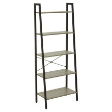 Five Tier Grey Oak Veneer Ladder Shelf Unit, Functional Industrial Narrow Shelf, Stylish Tall Cupboard