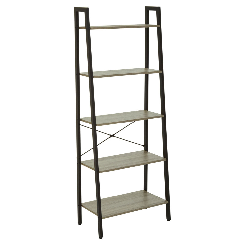 Five Tier Grey Oak Veneer Ladder Shelf Unit, Functional Industrial Narrow Shelf, Stylish Tall Cupboard-image-OPC-P7CNSBH-NEW