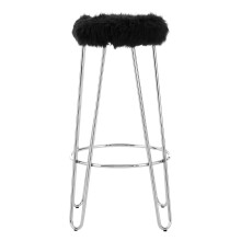 Versatile Chrome Metal and Black Faux Fur Bar Stool, Hairpin Round Stool, Plush Stool for Kitchen Counter
