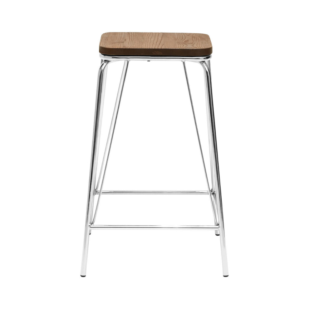 Premier Housewares Sleek Chrome Metal And Elm Wood Stool, Sturdy And Reliable Large Square Stool, Wooden Bar Stool For Home Bar