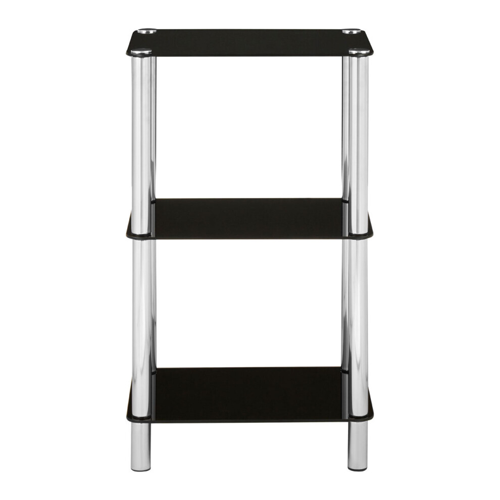 3 Tier Black Glass Shelf Unit, Modern Black Shelving Unit With Silver Metal Frame, Three Tier Shelf Unit