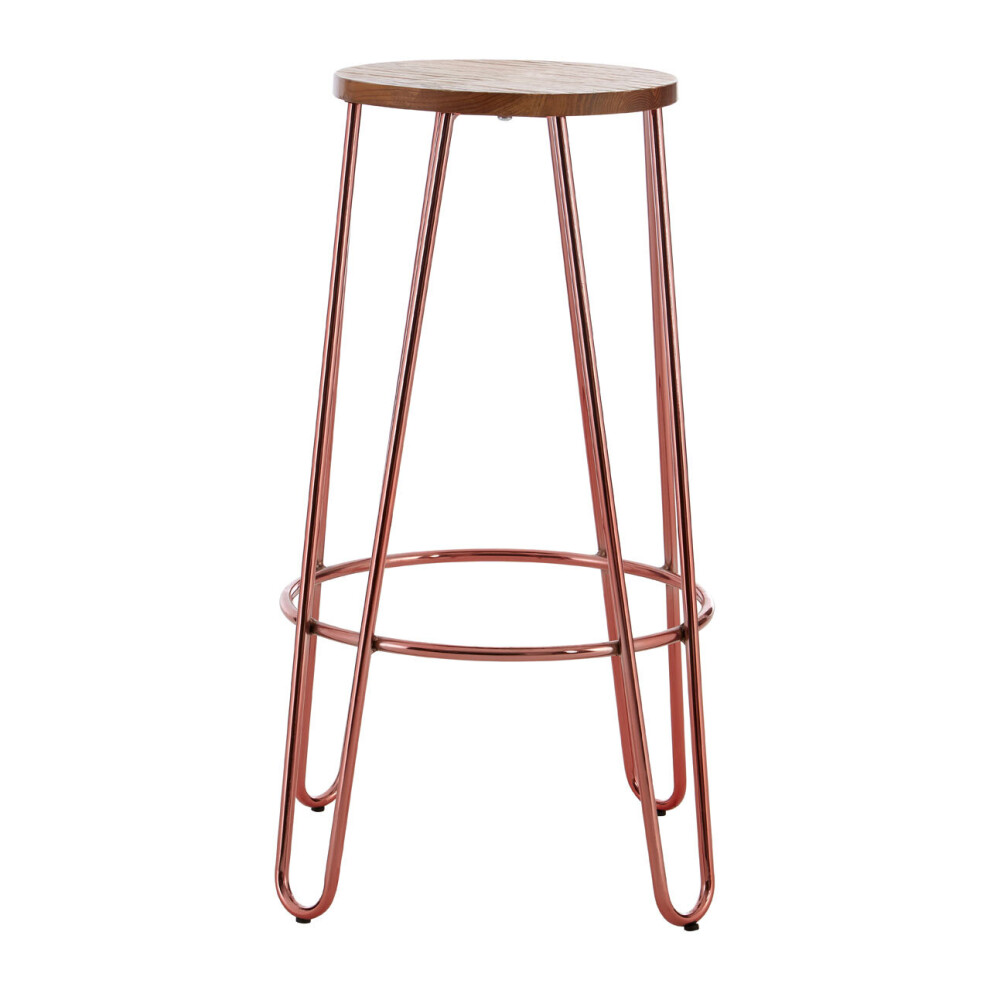 Premier Housewares Rose Metal And Elm Wood Round Bar Stool, Hairpin Stool, Sturdy Stool For Bar, Kitchen Counter Gold