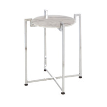 Elegant White Marble Side Table With Chrome Base, Durable Side Table By Couch, Versatile Small Lounge Table