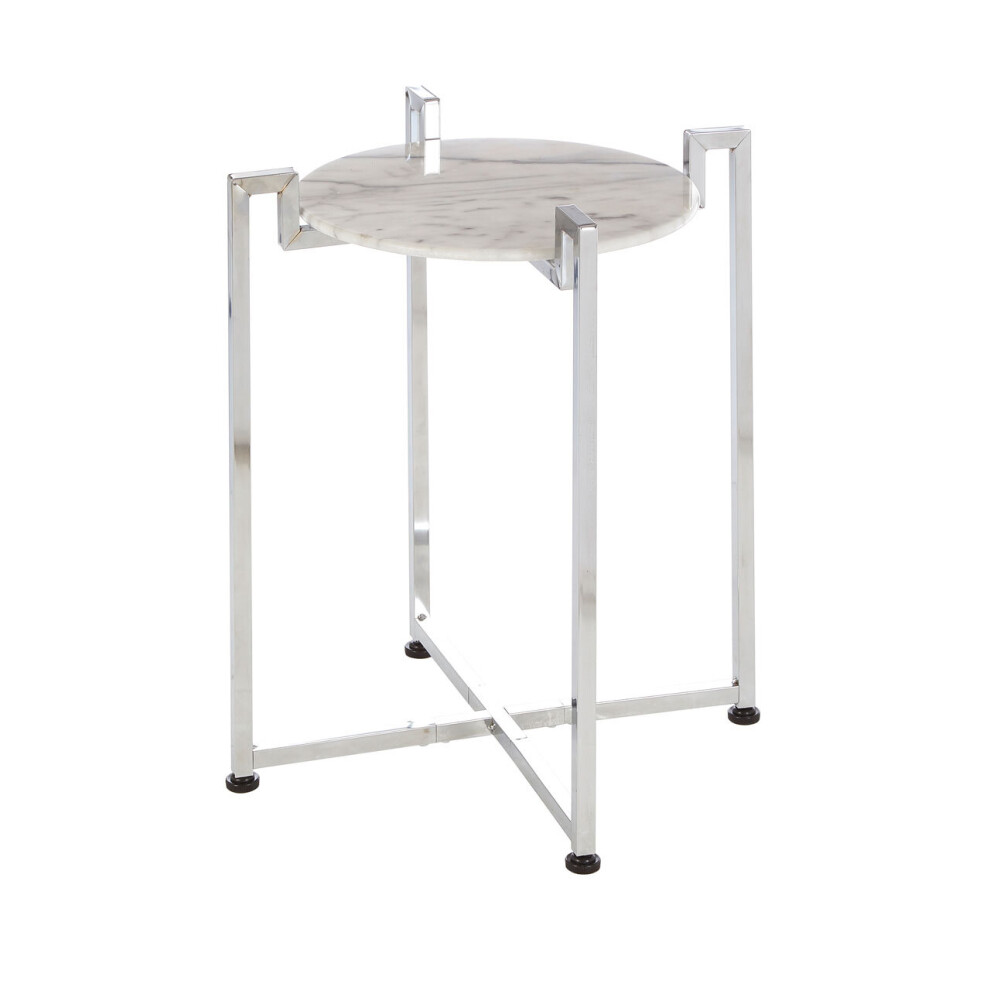 Elegant White Marble Side Table With Chrome Base, Durable Side Table By Couch, Versatile Small Lounge Table