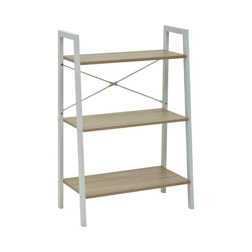Premier Housewares Three Tier Natural Oak Veneer Ladder Shelf Unit, Functional Industrial Narrow Shelf, Versatile Tall Cupboard