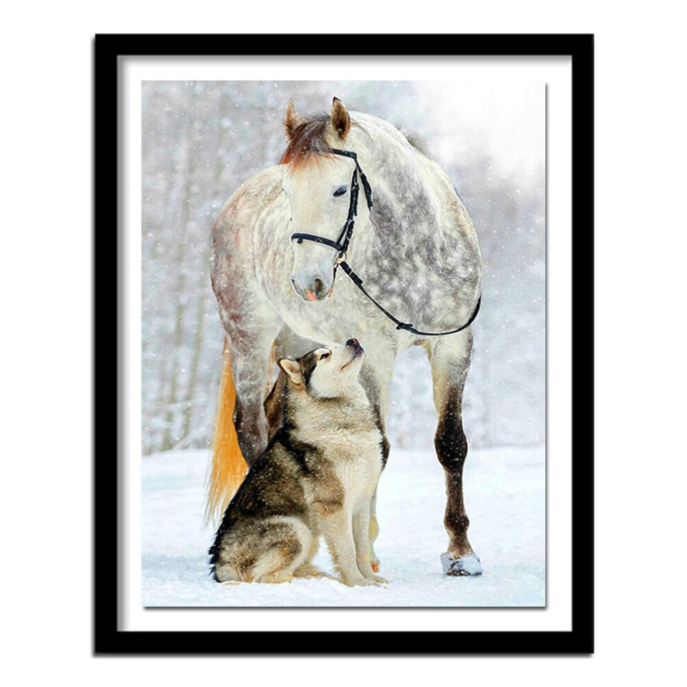 Lahdek Full Round Diamond Painting Cross Stitch Snow Horse&Wolf Full Square Diamond Husky 5D Diy Diamond Embroidery Winter Dog 50*40Cm (Without Frame)