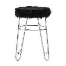 Chrome Metal and Black Faux Fur Stool, Small Hairpin Round Stool, Sturdy Plush Fur Stool for Lounge, Bedroom