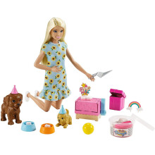 Barbie-puppyjuhlinukke ja leikkisetti, vaalea nukke auringonkukanmekolla, 2 lemmikkikoiraa, kakkumuottitaikina ja tarvikkeet