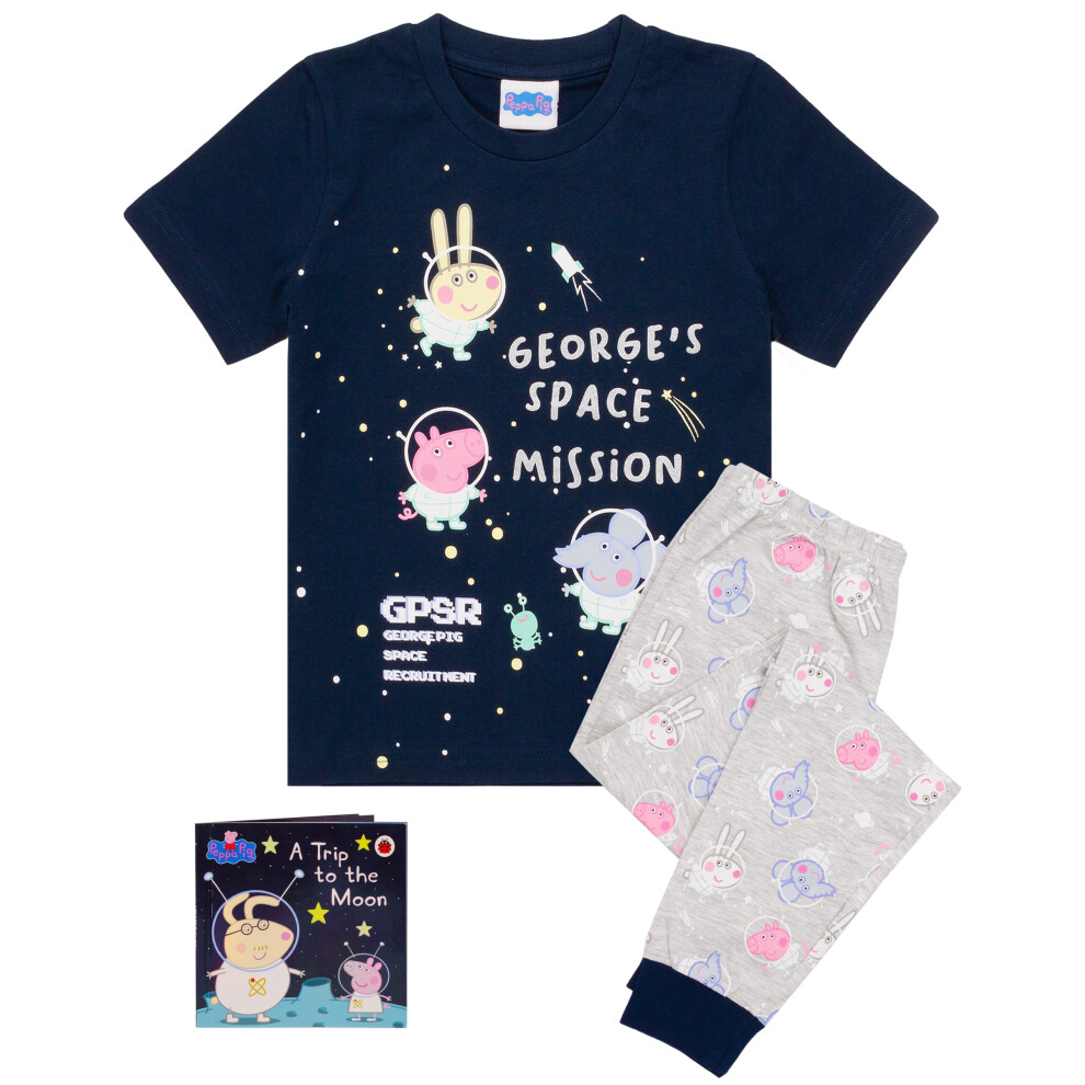 (3-4 Years) Peppa Pig George Pyjamas For Boys & Girls | Story Book Included Kids Space Mission T Shirt And Trousers Pjs | Childrens TV Show Merchandise