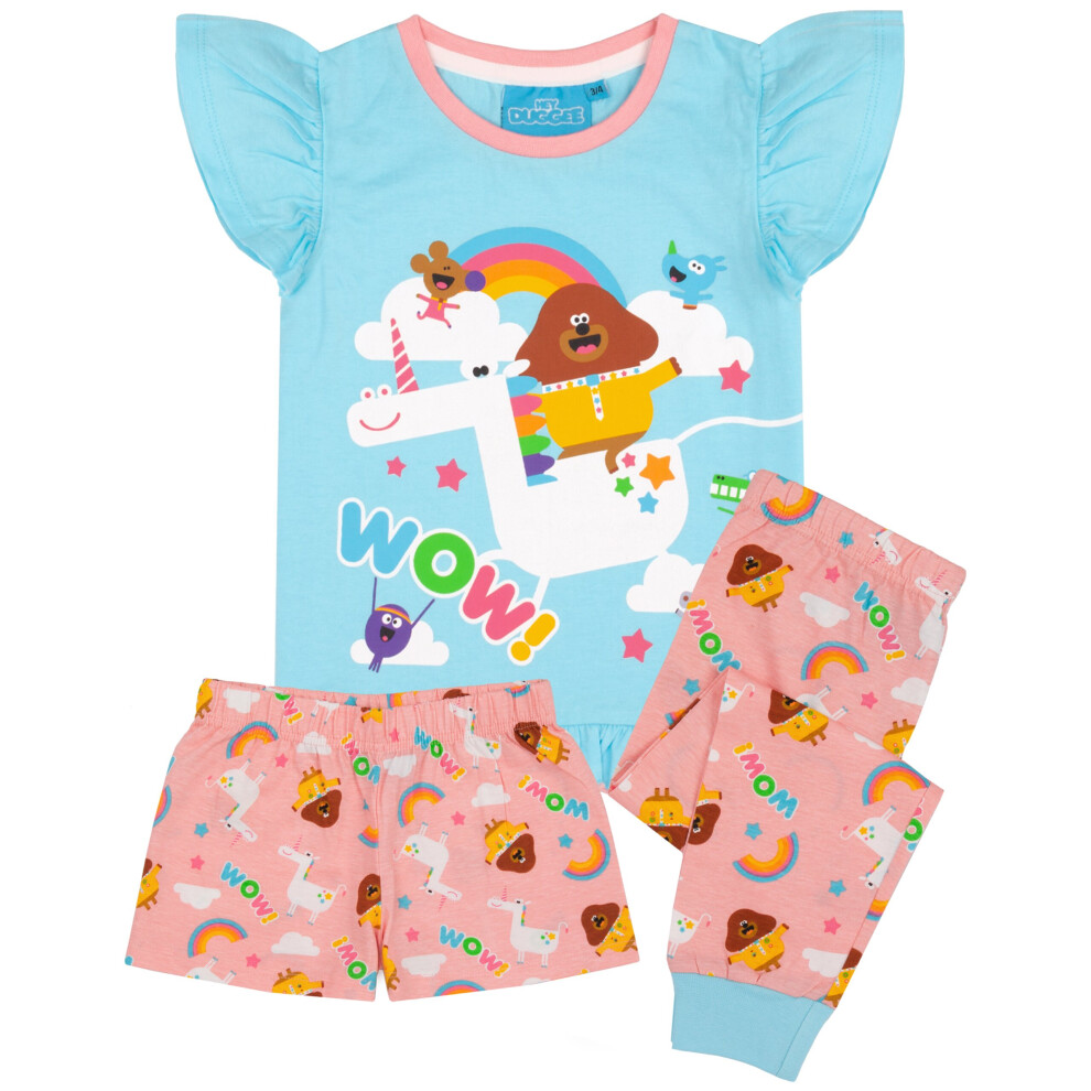 Cbeebies Hey Duggee Pyjamas For Girls | Blue Pink Unicorn Characters PJs With Long Or Short Bottoms | Childrens Frill T-Shirt & Trousers Merchandise