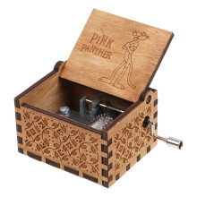 (Pink Panther) Retro Music Box Carved Wood Toys Birthday Ornament