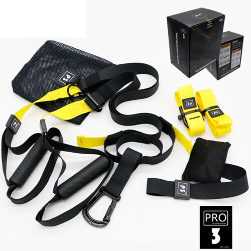 (Yellow Pro 3) Home Gym Suspension Resistance Training Strap