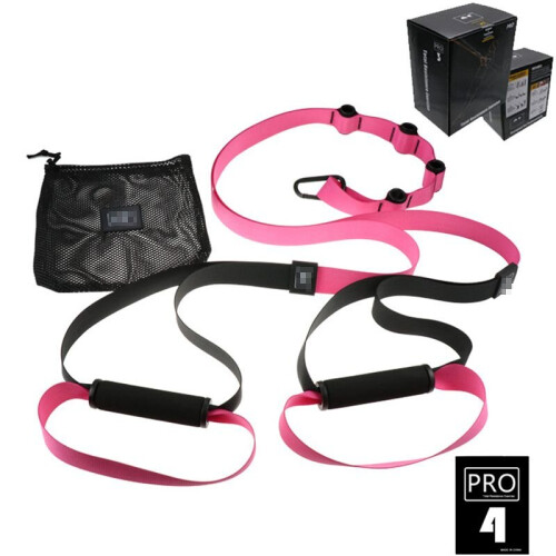 (Pink Pro 4) Home Gym Suspension Resistance Training Strap