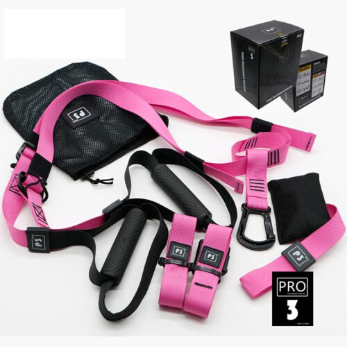 (Pink Pro 3) Home Gym Suspension Resistance Training Strap