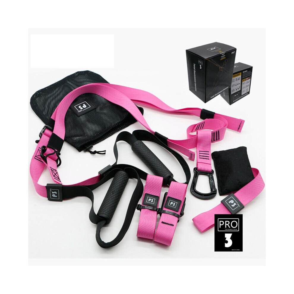 (Pink Pro 3) Home Gym Suspension Resistance Training Strap