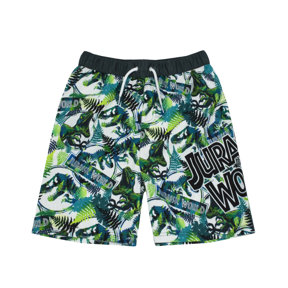 (7-8 Years) Jurassic World Swim Shorts For Boys | Kids Tyrannosaurus T Rex Dinosaur Swimming Trunks Pants | Children's Green Swimwear