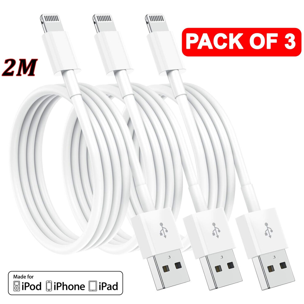 iPhone Charger Cable Lead [ 2M / 6.6FT ] [PACK OF 3 ] Fast Charging & Sync Wire For iPhone 5, 6, 7, 8 Plus, SE (2020) X, XS, XR,11 PRO MAX