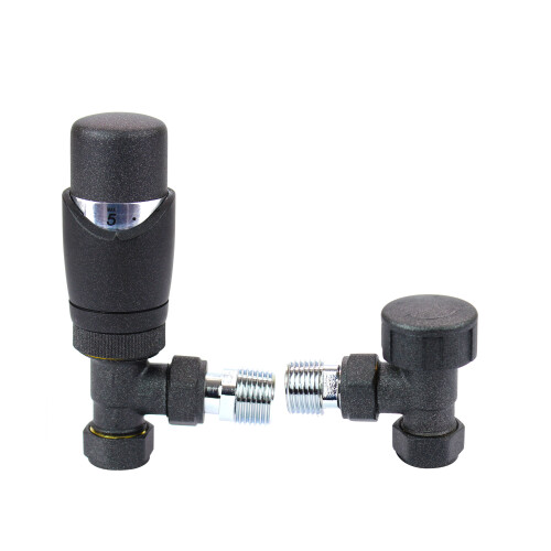 Thermostatic TRV Radiator Valve Set Angled Pair Lockshield, Anthracite