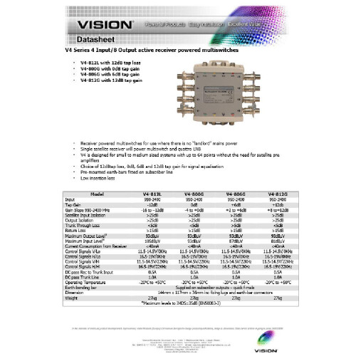 Vision V4-812L Cascadable Line Powered Multiswitch 12dB Gain 4x8 Way 2