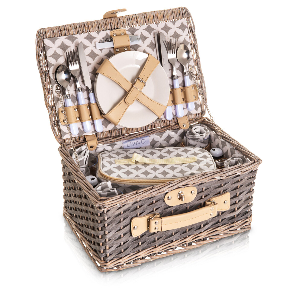 27pc Livivo Picnic Hamper Set | Wicker Picnic Set For Four People