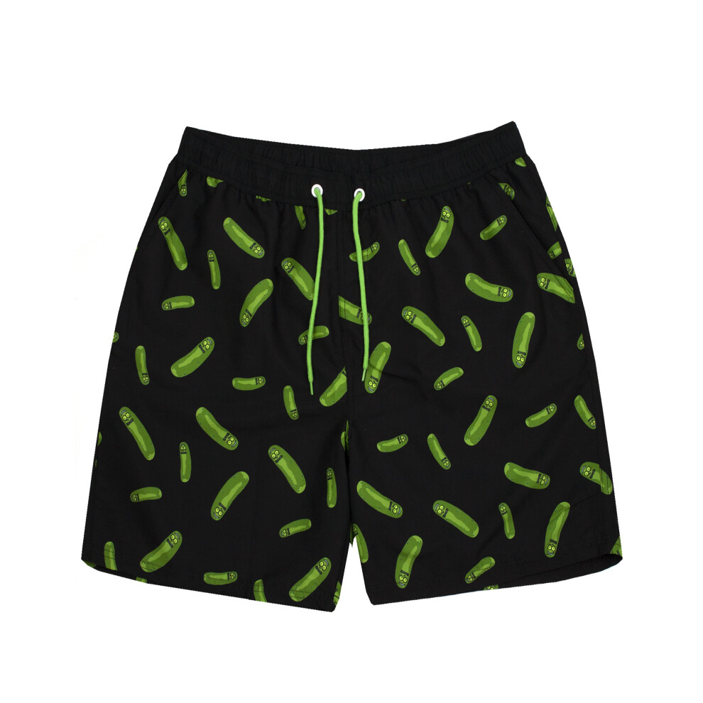 (Small) Rick And Morty Swim Shorts For Men | Adults Pickle Rick Swimming Trunks Pants | Drawstring Waistband Pockets Black & Green Merchandise