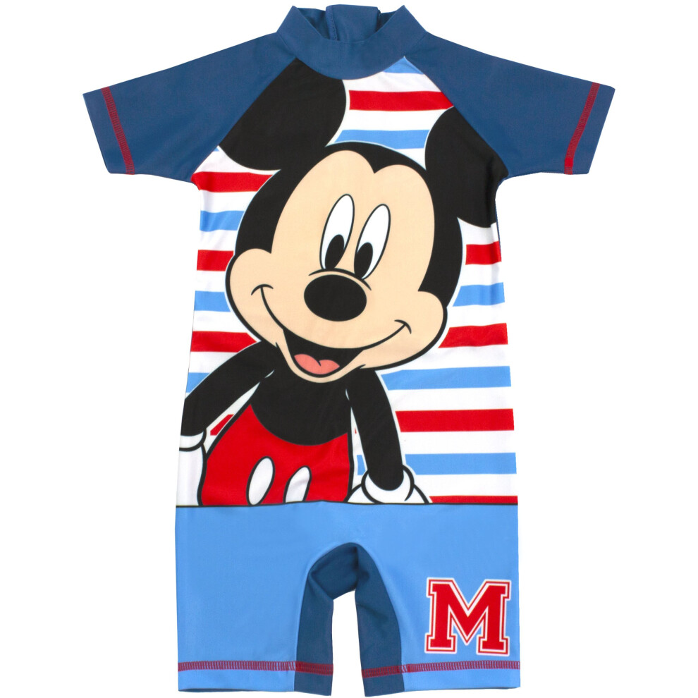 (5-6 Years) Disney Mickey Mouse Sunsafe Swimsuit For Boys | Children's Short Sleeve Blue & Striped Swimming Costume | Disney Gift