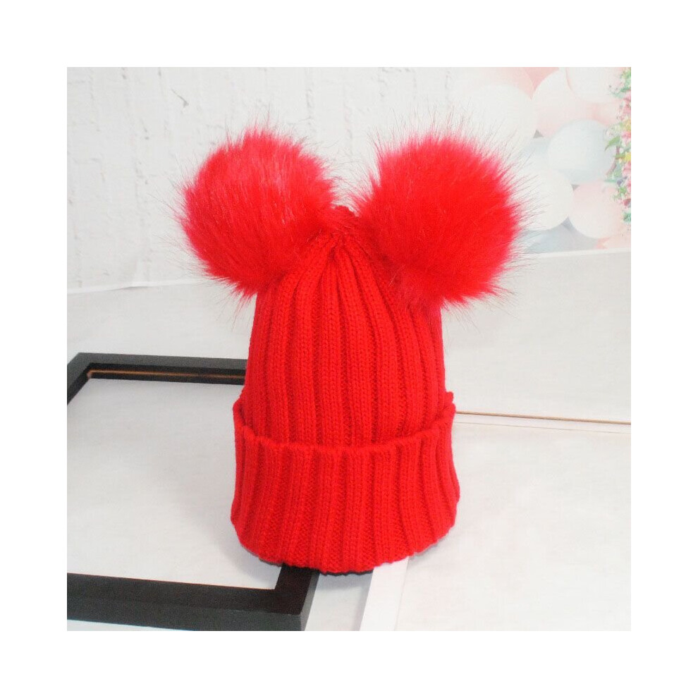 (Red) Women Winter Knitted Beanie Hat Double Fur Pom