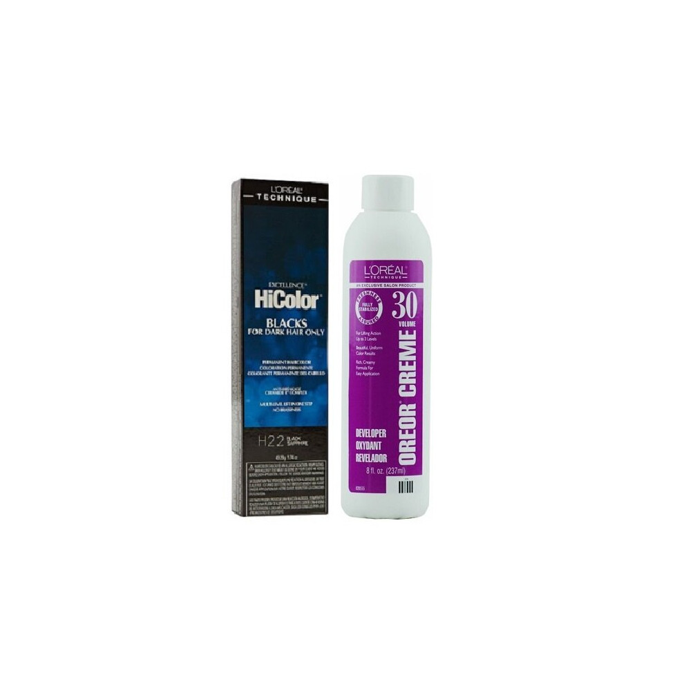 (H22+Dev(Vol.30)8oz) L'Oreal HiColor H22 Black Sapphire BLACKS For Dark Hair Only