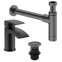 Modern Black Bathroom Basin/Sink Mixer Tap Incl Waste & Bottle Trap