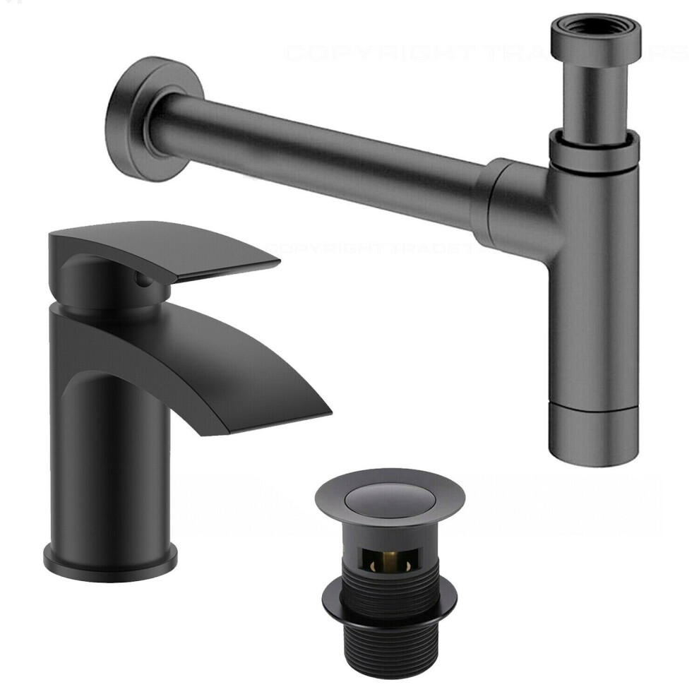 Modern Black Bathroom Basin/Sink Mixer Tap Incl  Waste & Bottle Trap