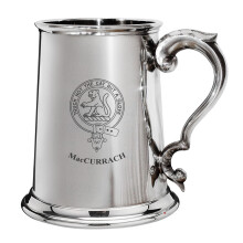MacCurrach Family Crest Polished Pewter 1 Pint Tankard with Scroll Handle