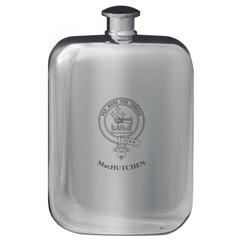 MacHutchen Family Crest Design Pocket Hip Flask 6oz Rounded Polished Pewter-image-OPC-P7CXMBK-NEW