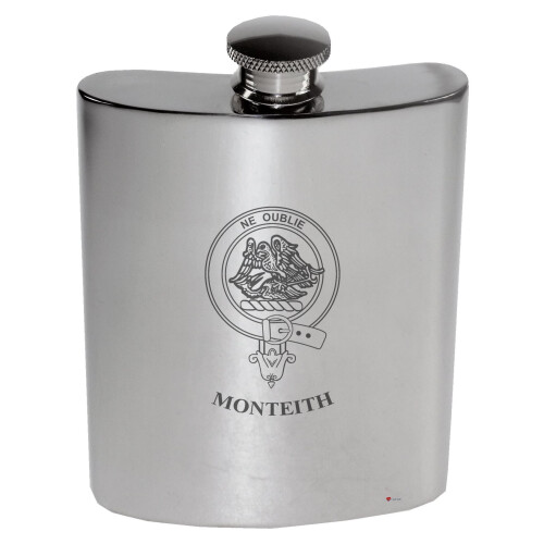 Monteith Family Crest 6oz Polished Pewter Kidney Flask