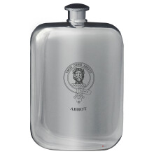 Abbot Family Crest Design Pocket Hip Flask 6oz Rounded Polished Pewter