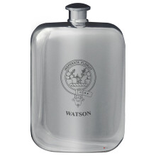Watson Family Crest Design Pocket Hip Flask 6oz Rounded Polished Pewter