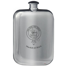 MacKeachan Family Crest Design Pocket Hip Flask 6oz Rounded Polished Pewter
