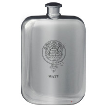 Watt Family Crest Design Pocket Hip Flask 6oz Rounded Polished Pewter
