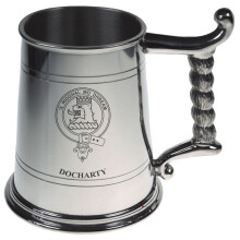 Docharty Crest Tankard with Rope Handle in Polished Pewter 1 Pint Capacity