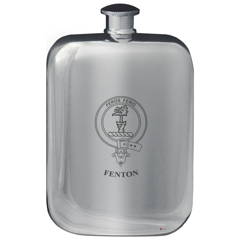 Fenton Family Crest Design Pocket Hip Flask 6oz Rounded Polished Pewter-image-OPC-P7CXNSN-NEW
