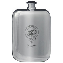 Wilson Family Crest Design Pocket Hip Flask 6oz Rounded Polished Pewter