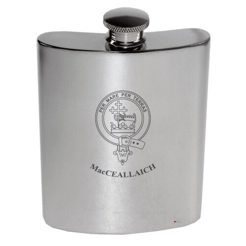 MacCeallaich Family Crest 6oz Polished Pewter Kidney Flask