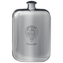 Fletcher Family Crest Design Pocket Hip Flask 6oz Rounded Polished Pewter