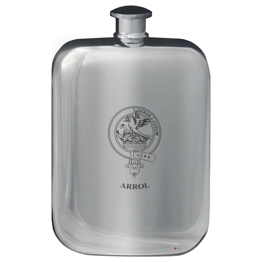 Arrol Family Crest Design Pocket Hip Flask 6oz Rounded Polished Pewter-image-OPC-P7CXPF5-NEW