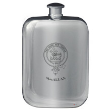 MacAllan Family Crest Design Pocket Hip Flask 6oz Rounded Polished Pewter